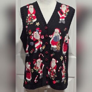 Heirloom Collectible Festive Holiday Christmas Santa Black Knit Sweater Vest